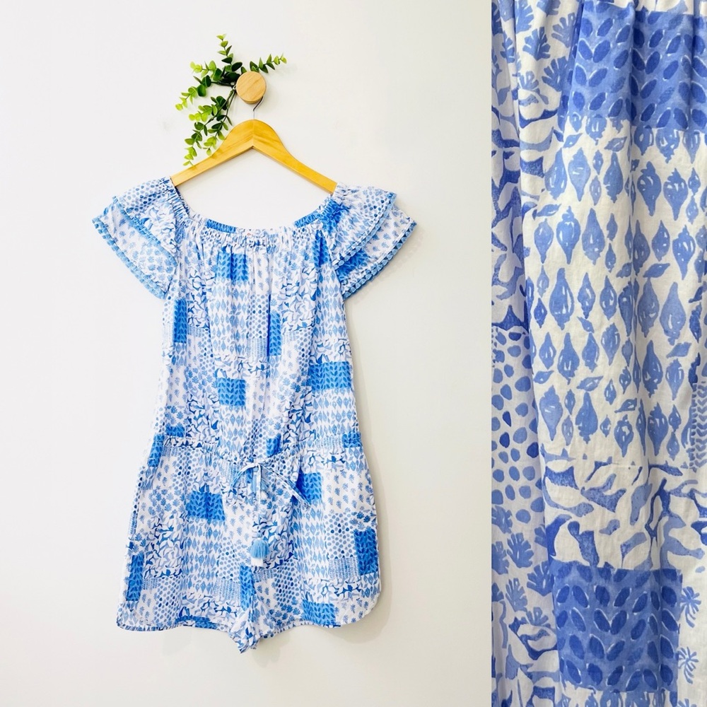 Vineyard Vines Blue White Boho Ruffle Sleeves Romper